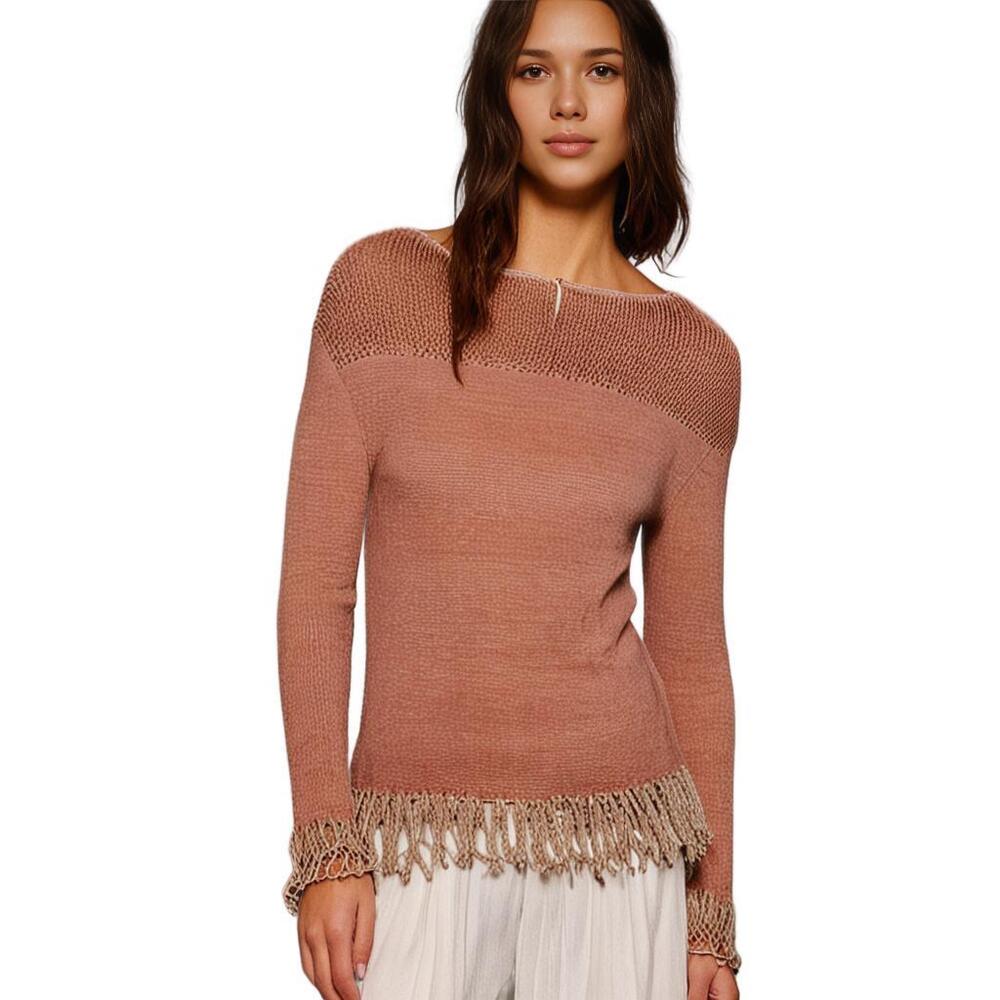 Free People Peach Crochet Sweater Slouchy Boho Laid Back Relaxed Fit Springy XS
